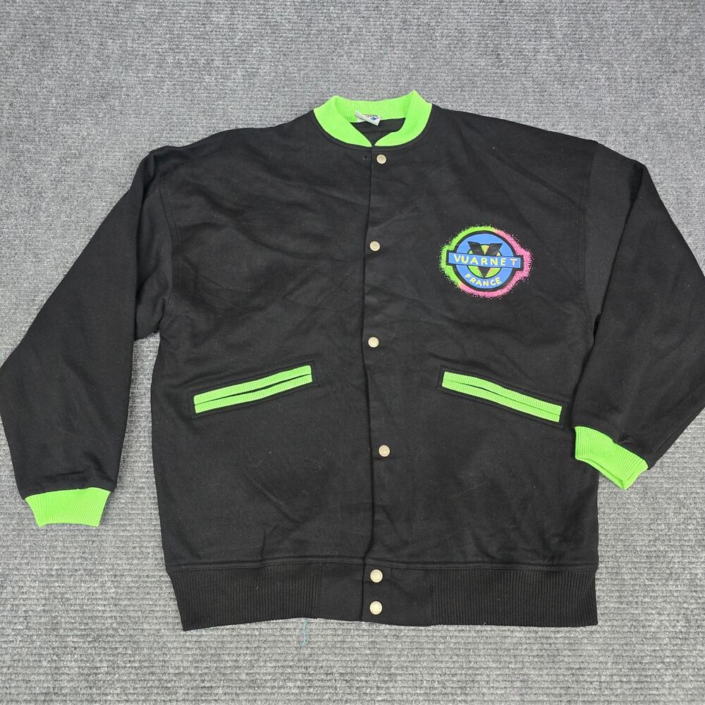 Vtg 90s Vuarnet France Graffiti Bomber Jacket Mens L Black Neon Green Flawed